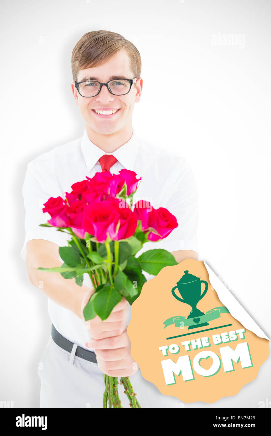 Composite image of geeky hipster offering bunch of roses Stock Photo ...