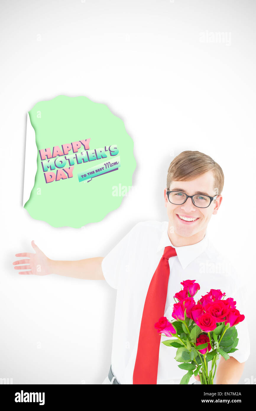 Composite image of geeky hipster offering bunch of roses Stock Photo ...