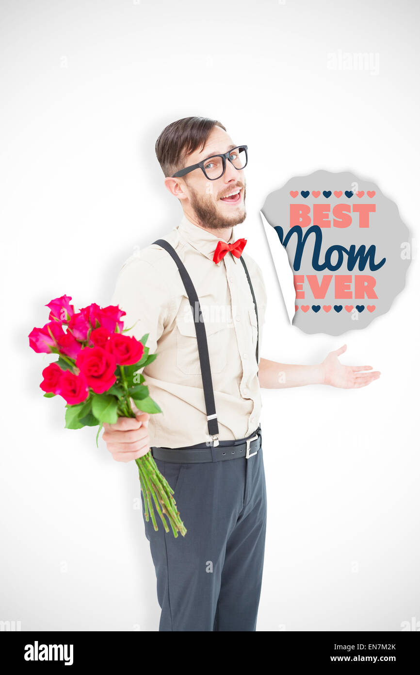 Composite image of geeky hipster offering bunch of roses Stock Photo ...