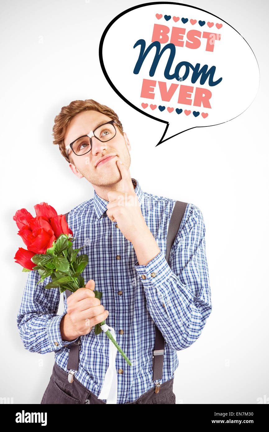 Composite image of geeky hipster holding a bunch of roses Stock Photo ...