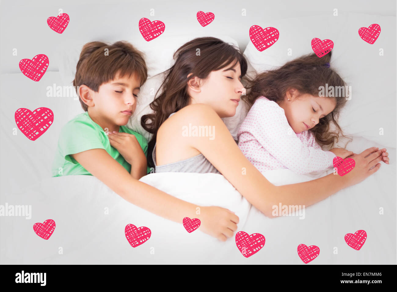 Composite image of mother asleep with her children Stock Photo