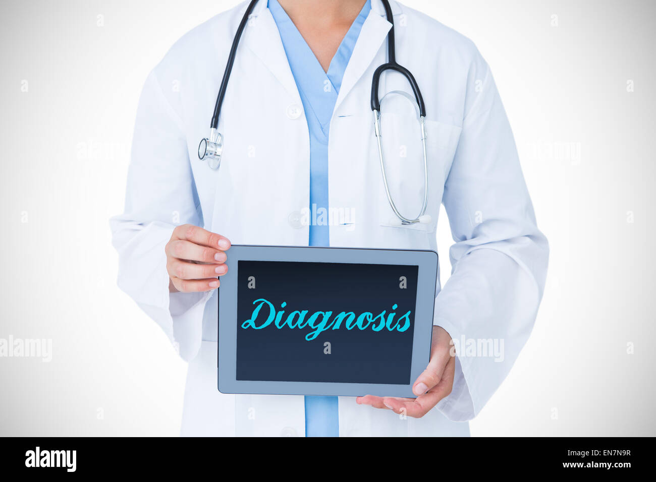 Diagnosis against doctor showing tablet pc Stock Photo