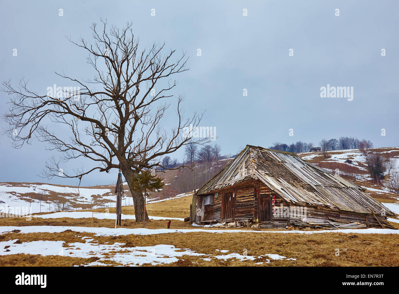 Winter landscape with an abandoned wooden house on the hills Stock ...