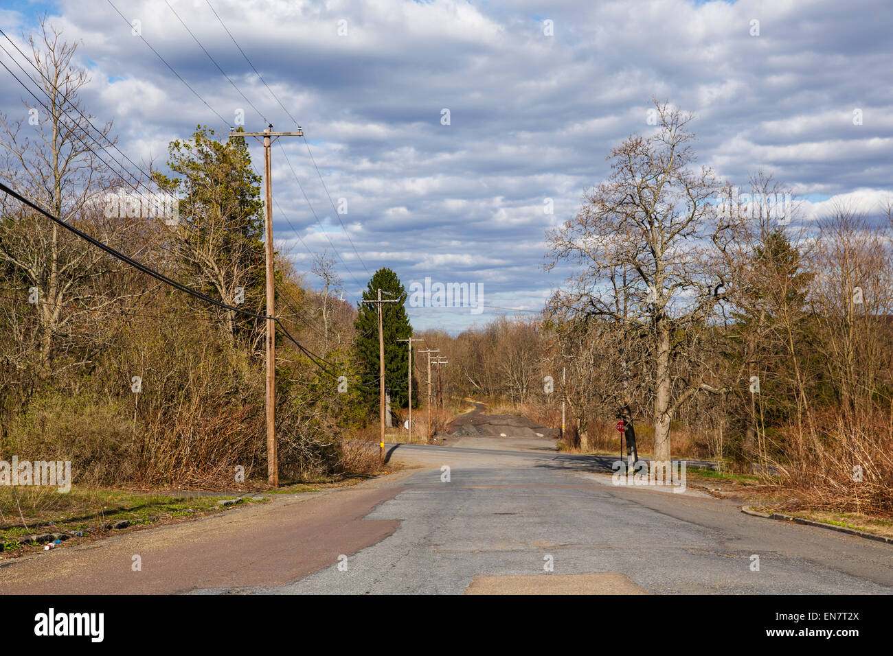 Empty streets of the abandoned town of Centralia, PA where a mine fire that began in 1962 continues to burn to this day. Stock Photo