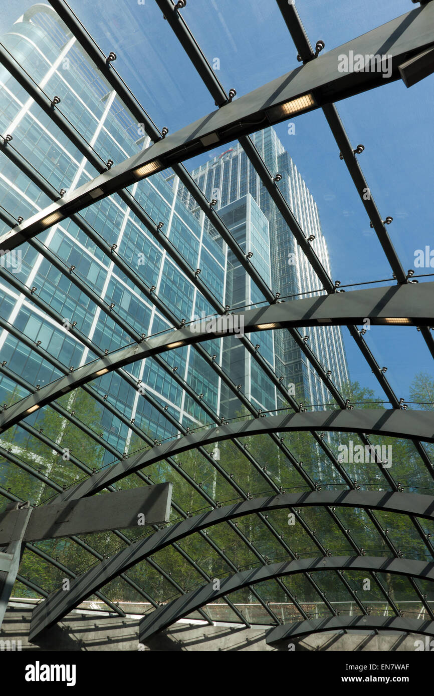 View looking through the glass dome roof of Canary Wharf Tube Station