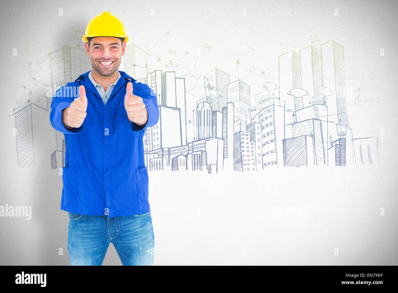 Composite image of portrait of happy manual worker gesturing thumbs up Stock Photo