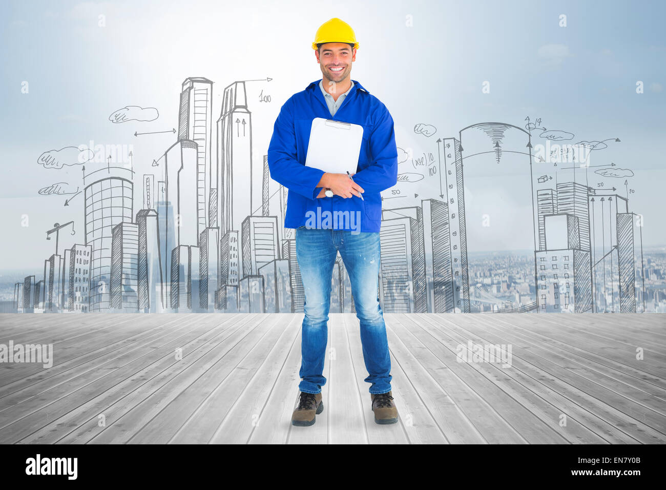 Composite image of full length portrait of happy manual worker with clipboard Stock Photo