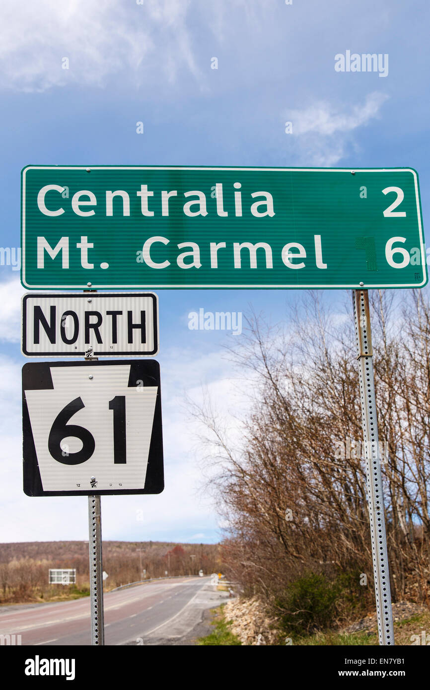 Sign post for Centralia, PA on Route 61 where a mine fire that began in 1962 continues to burn to this day. Stock Photo