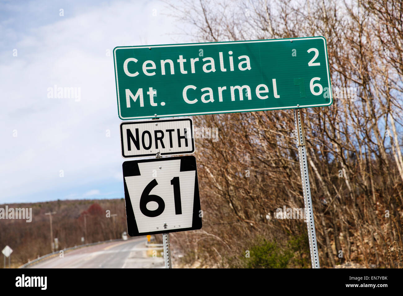 Sign post for Centralia, PA on Route 61 where a mine fire that began in 1962 continues to burn to this day. Stock Photo