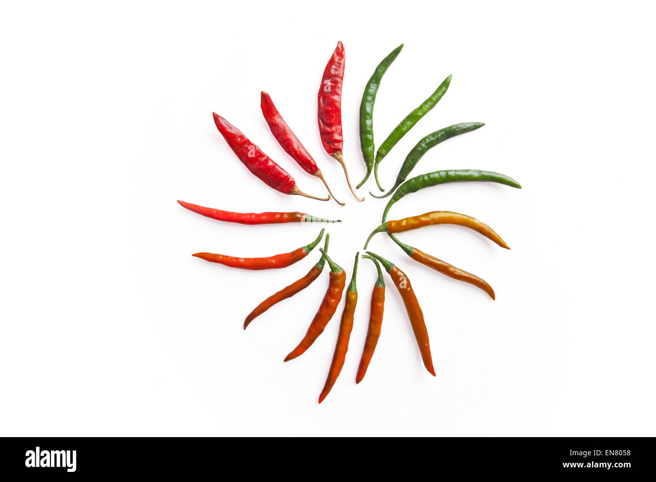 Red and green chilli peppers in the circle shaped Stock Photo