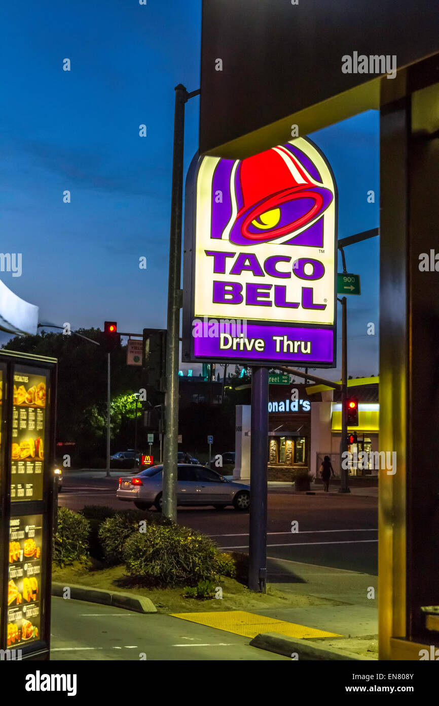 A Taco Bell and McDonalds across the street from each other in Modesto California, competitors for Breakfast customers. Stock Photo