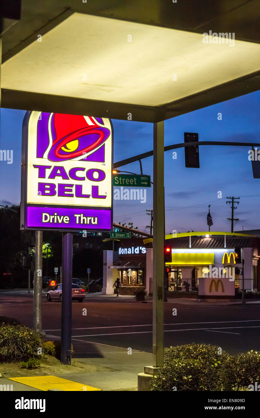 A Taco Bell and McDonalds across the street from each other in Modesto California, competitors for Breakfast customers. Stock Photo