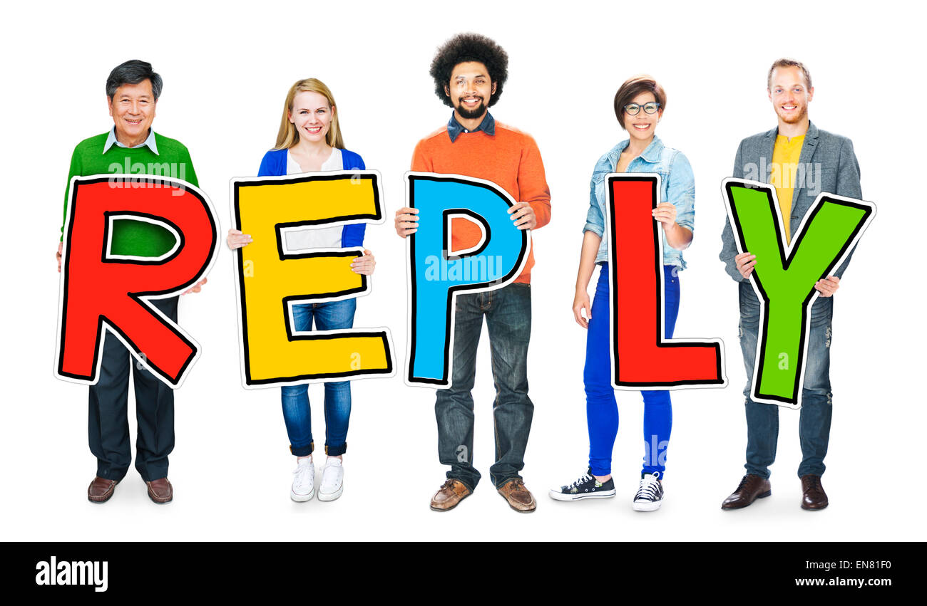 Multiethnic Group of People Holding Word Reply Stock Photo - Alamy