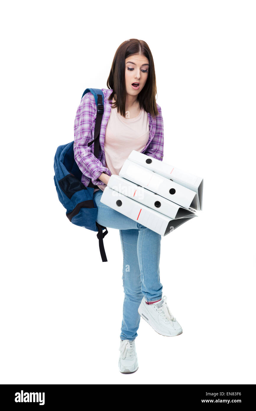 Young woman with backpack and folders over white background Stock Photo ...
