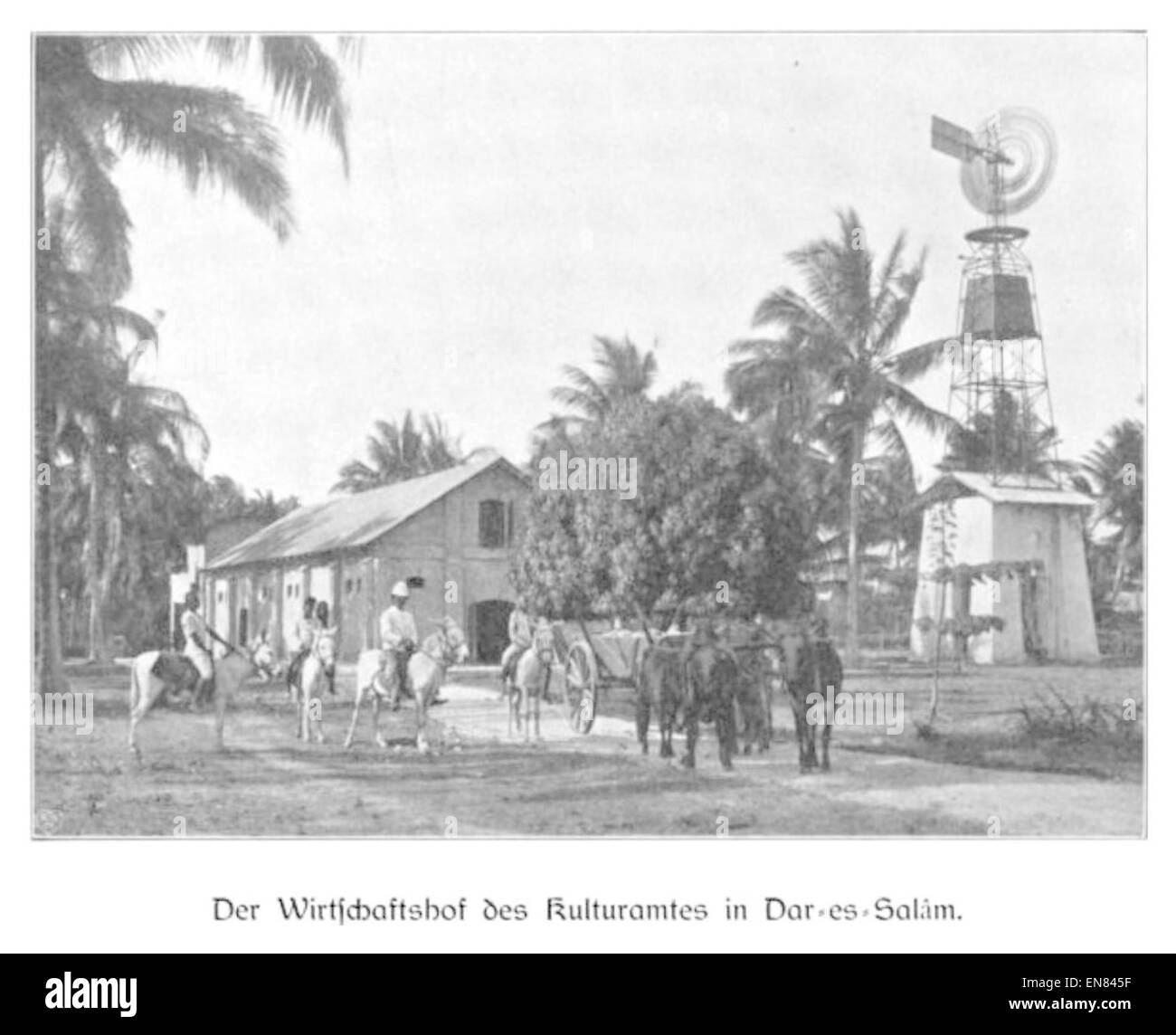 This 1904 drawing by Wohltmann depicts the Wirtschaftshof (Economic Yard) of the Cultural Office in Dar-es-Salam, showcasing a key administrative and cultural site during the German colonial period in East Africa. Stock Photo