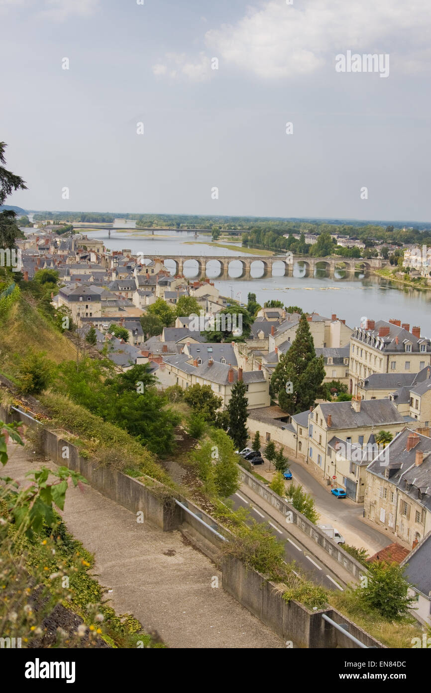 View of bridges over the Loire river, in the town of Saumur in the Maine-et-Loire department of France Stock Photo