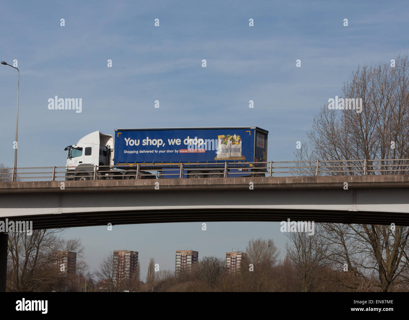 Tesco truck travelling through the Midlands in the UK. Stock Photo