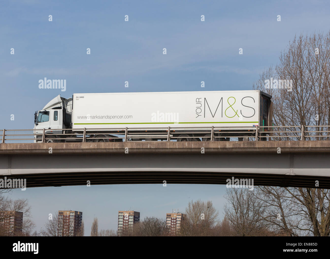 Marks & Spencer truck travelling through the Midlands in the UK. Stock Photo