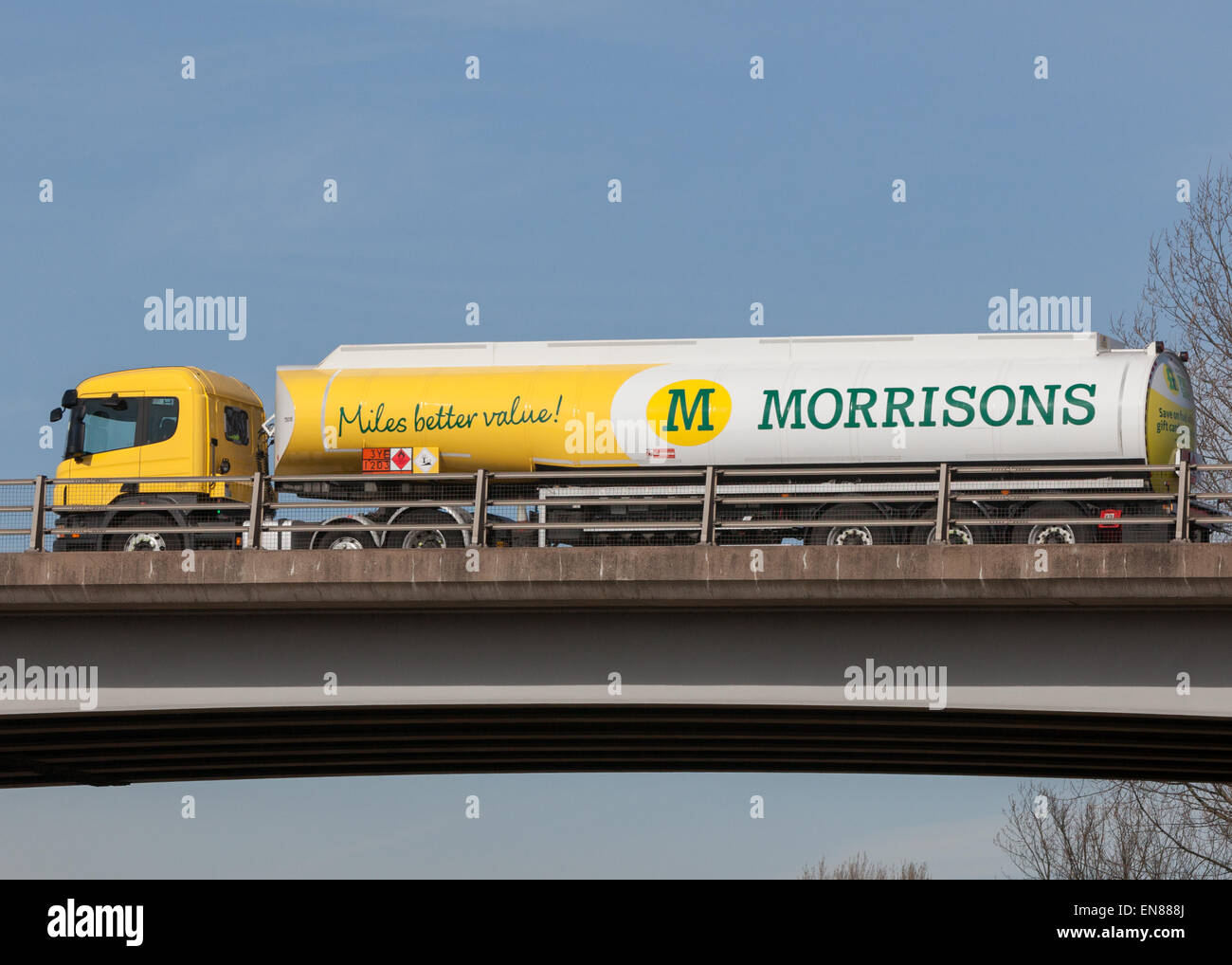 Morrisons fuel tanker travelling through the Midlands in the UK. Stock Photo