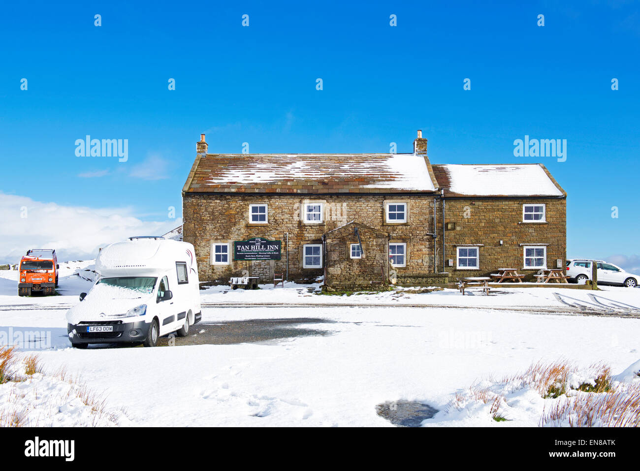 The Tan Hill Inn, the highest pub in England, after a snowfall, North