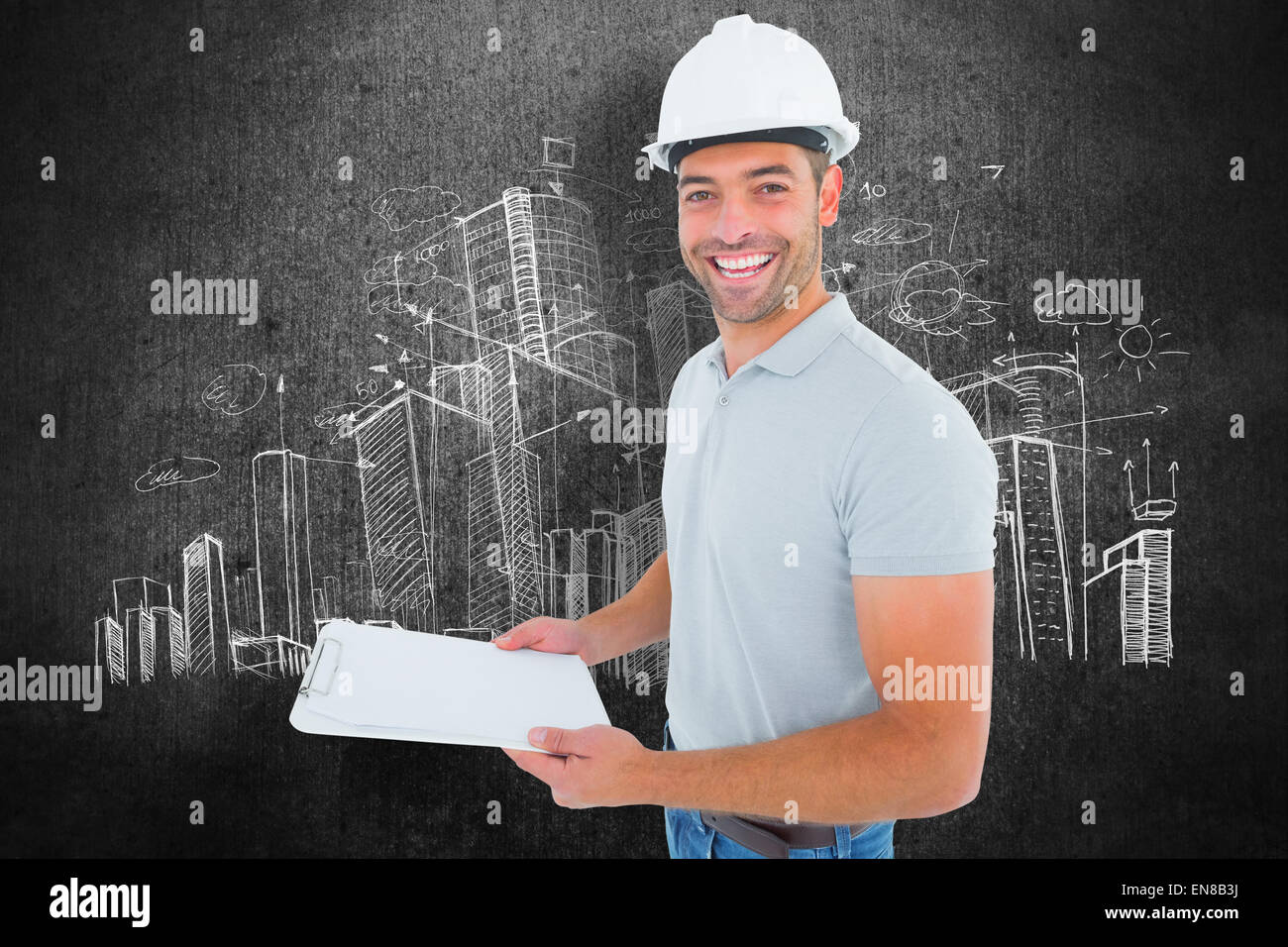 Composite image of portrait of manual worker holding clipboard Stock Photo