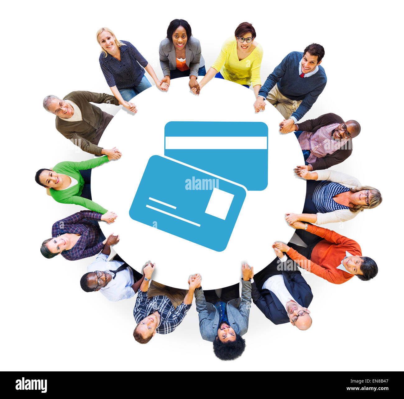 Group of People Holding Hands with ID Card Symbol Stock Photo