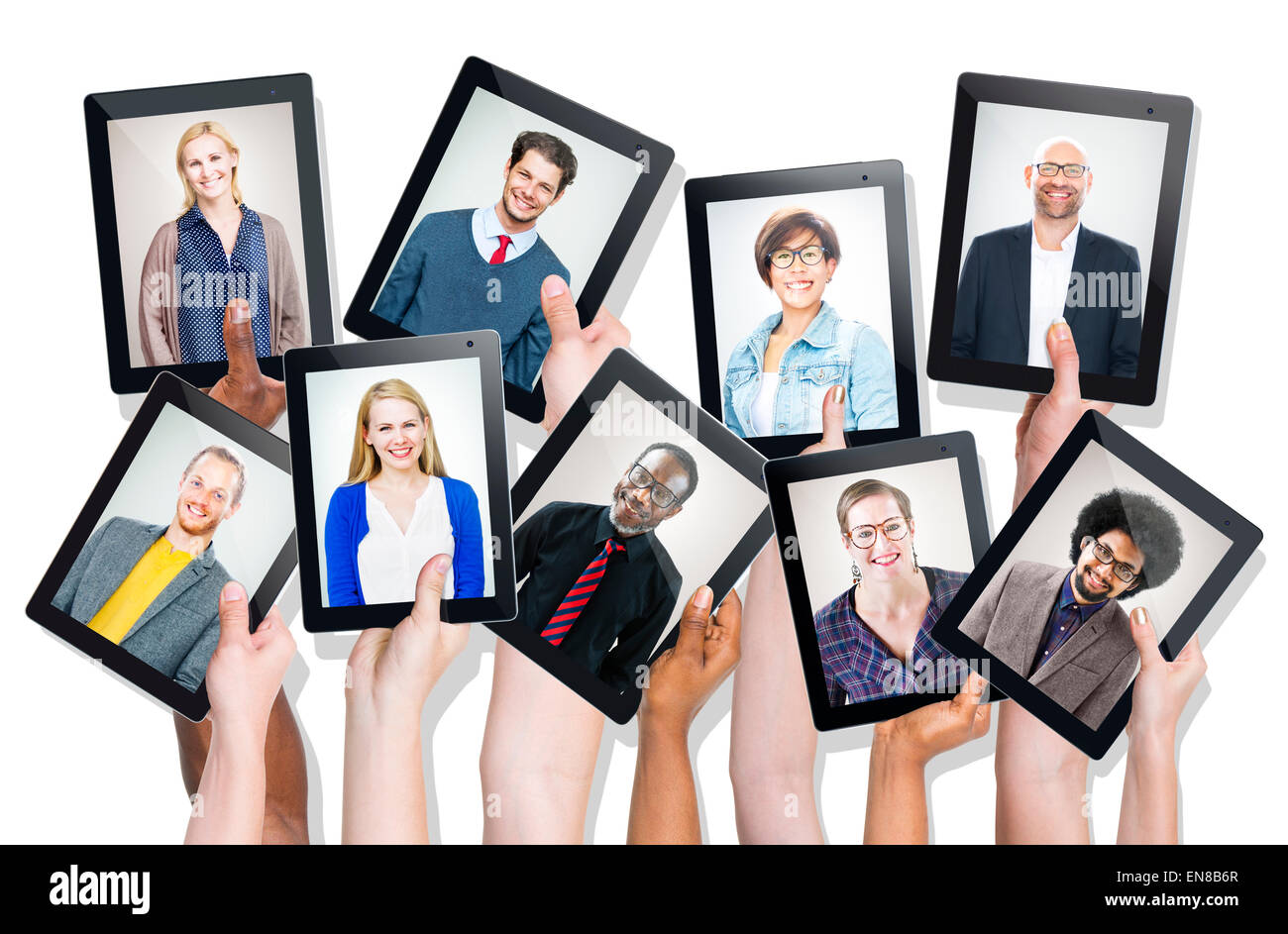 Group of Hands Holding Devices with People's Faces Stock Photo Alamy