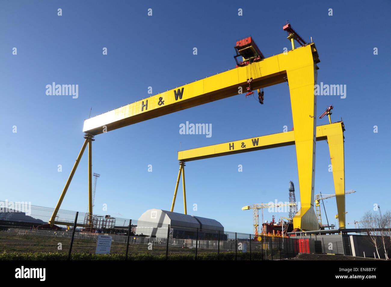 Samson and Goliath, the famous landmarks of Harland and Wolff shipyard, Belfast, on a spring evening Stock Photo