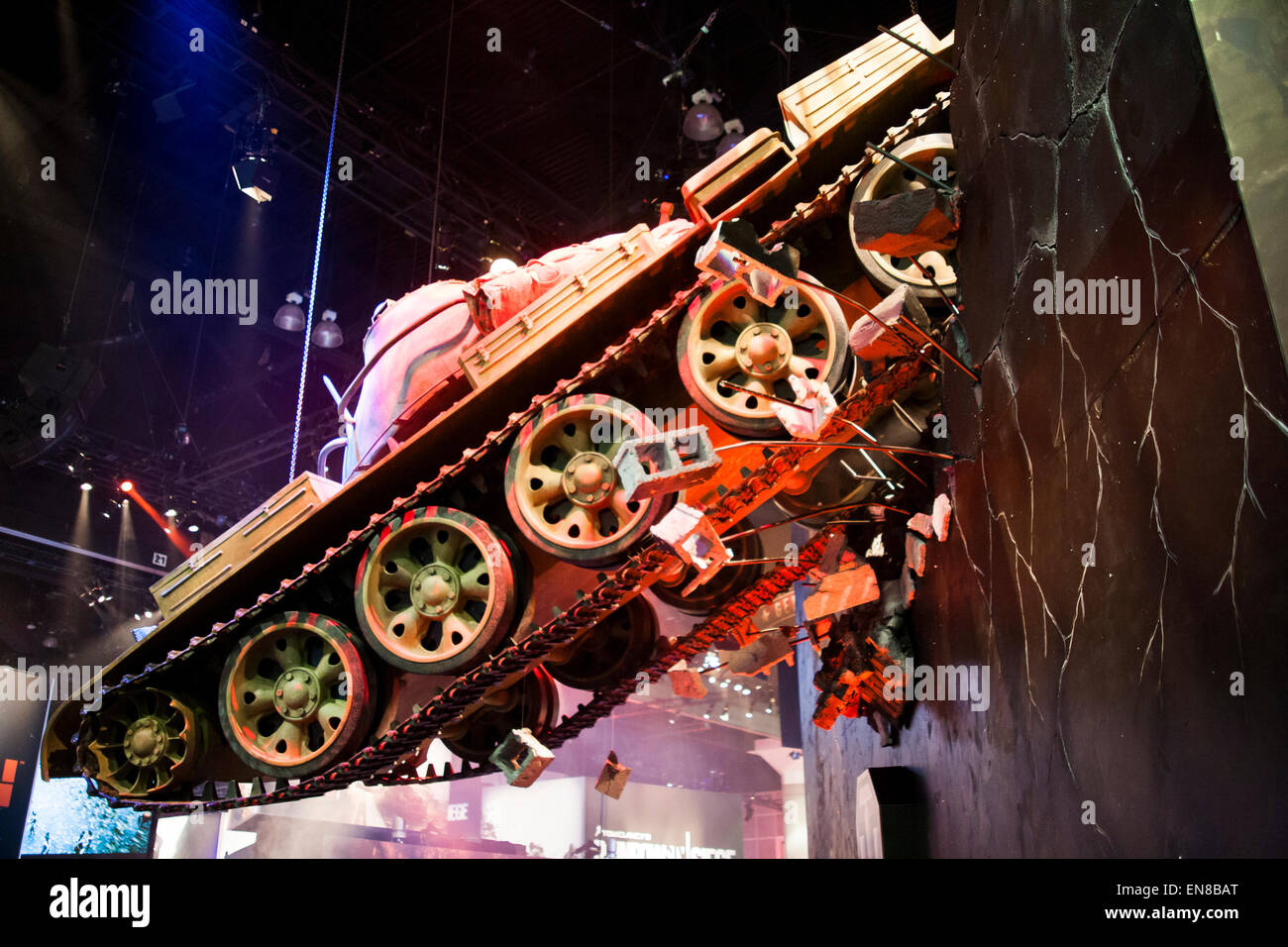 A life size replica of a World War 2 Tank from the video game World Of Tanks hangs from the ceiling at the 2014 E3 Expo. Stock Photo
