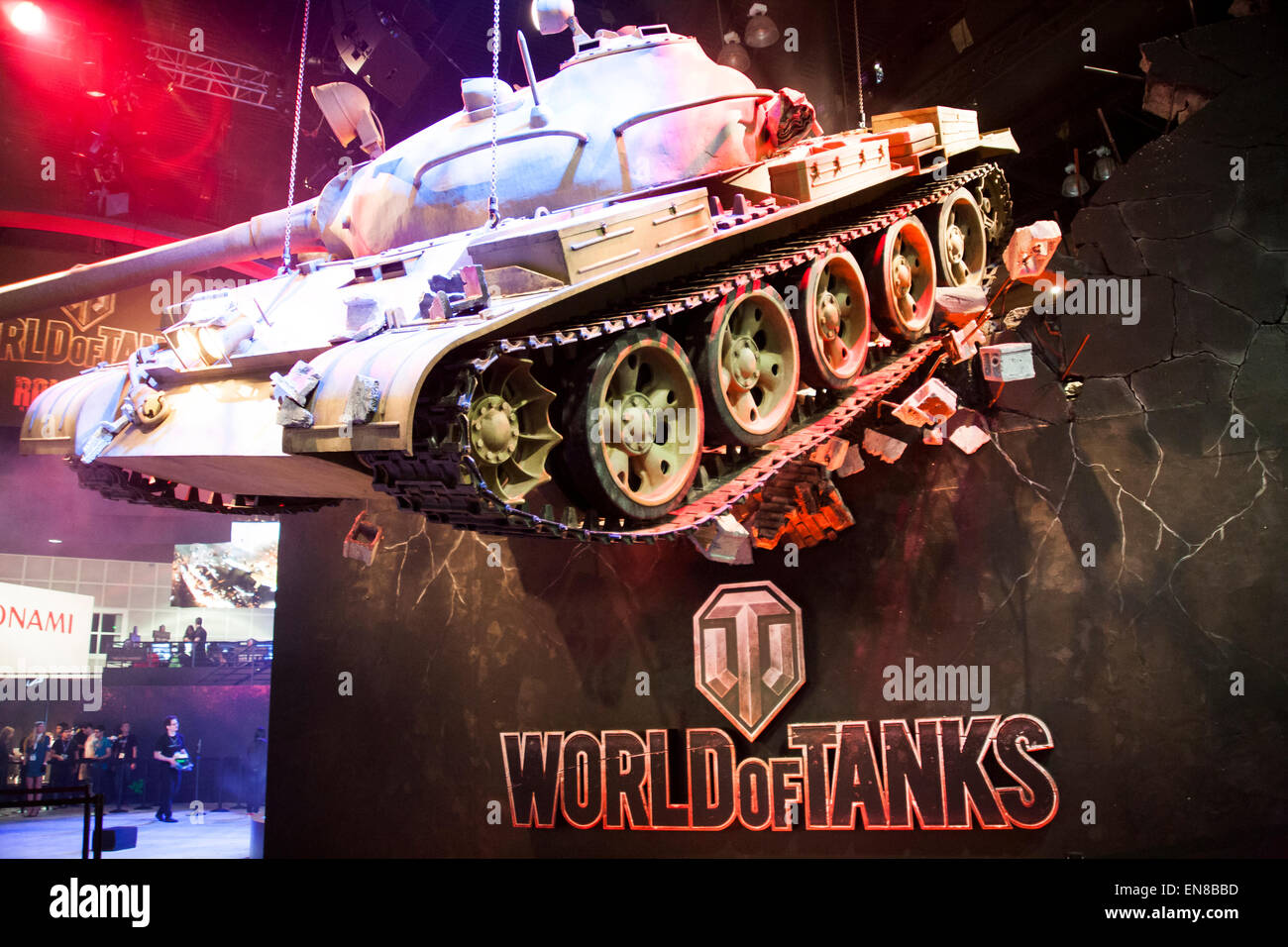 A life size replica of a World War 2 Tank from the video game World Of Tanks hangs from the ceiling at the 2014 E3 Expo. Stock Photo