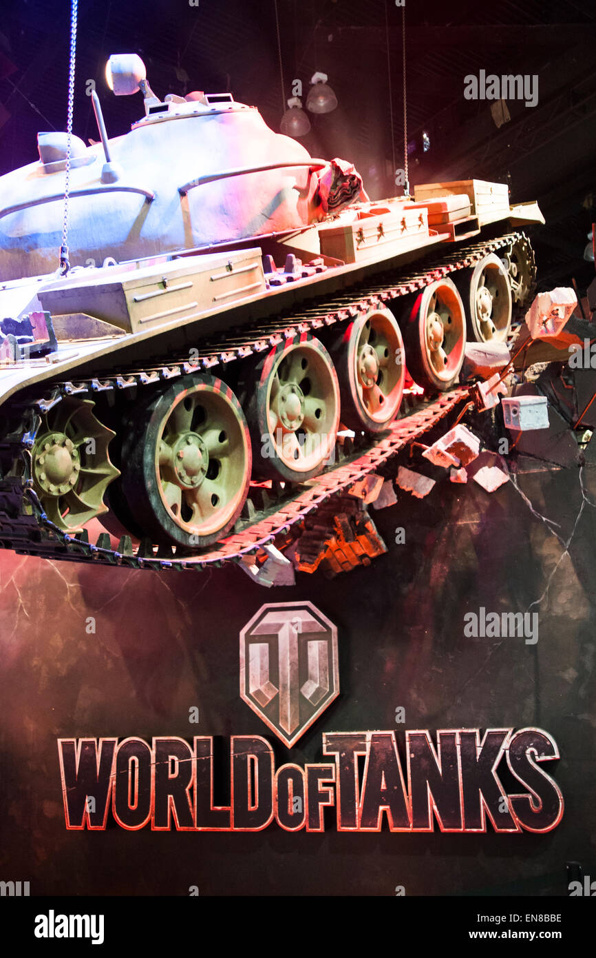 A life size replica of a World War 2 Tank from the video game World Of Tanks hangs from the ceiling at the 2014 E3 Expo. Stock Photo