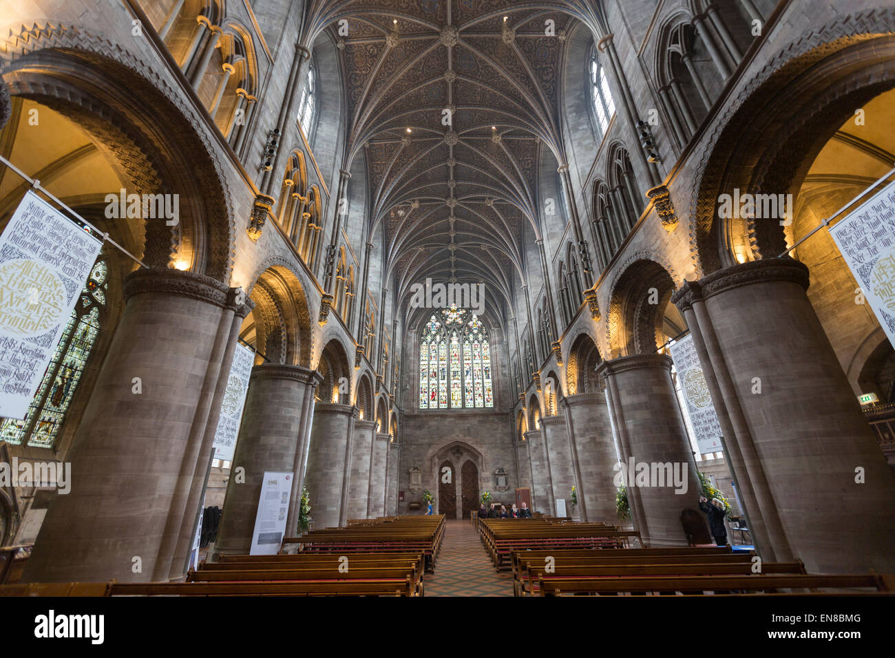 Hereford cathedral nave looking west, Herefordshire, United Kingdom Stock Photo