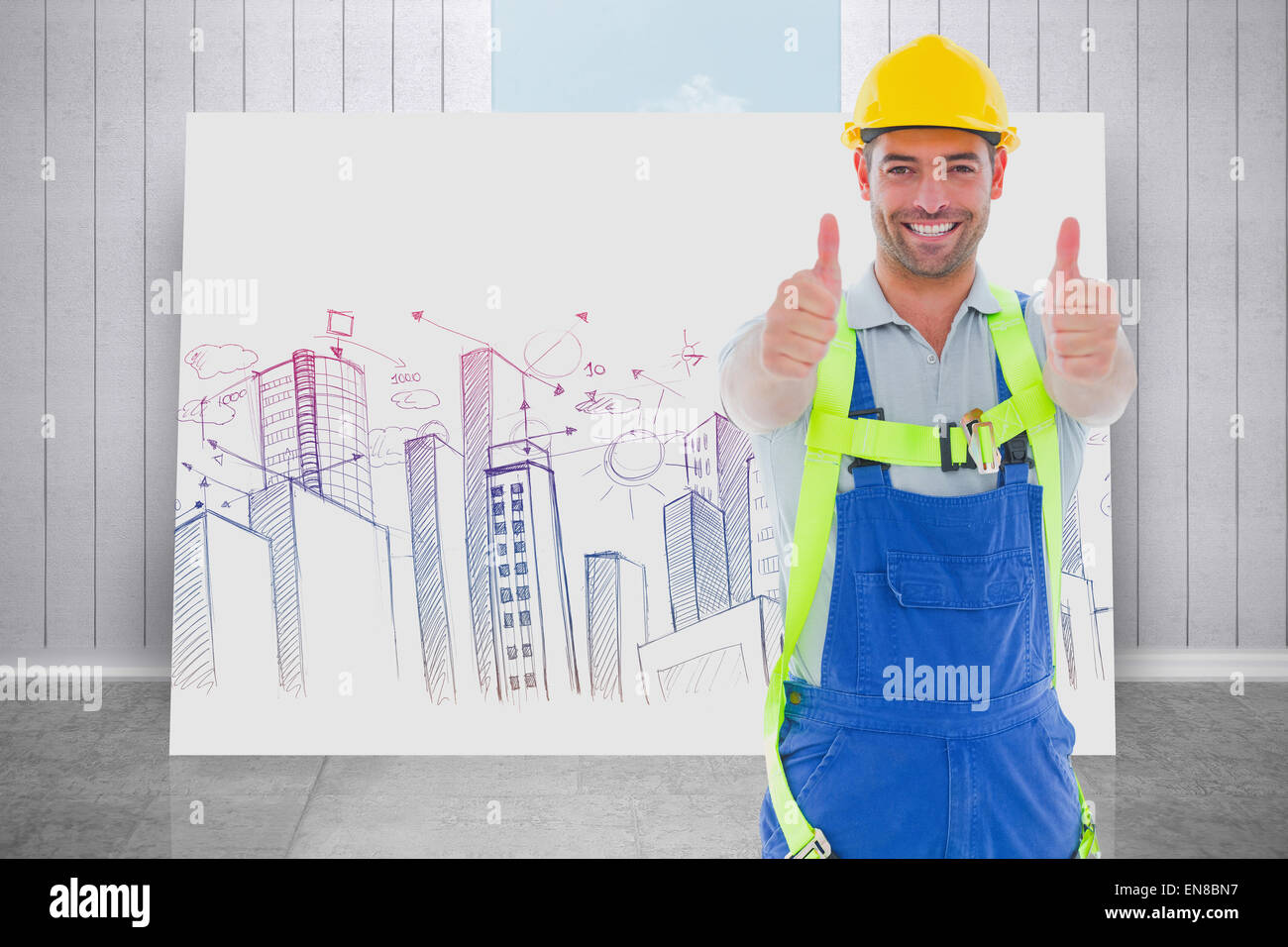 Composite image of builder in safety gear Stock Photo