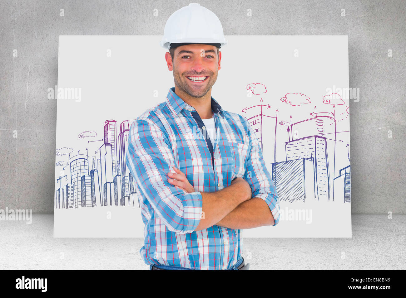Composite image of confident manual working wearing hardhat Stock Photo