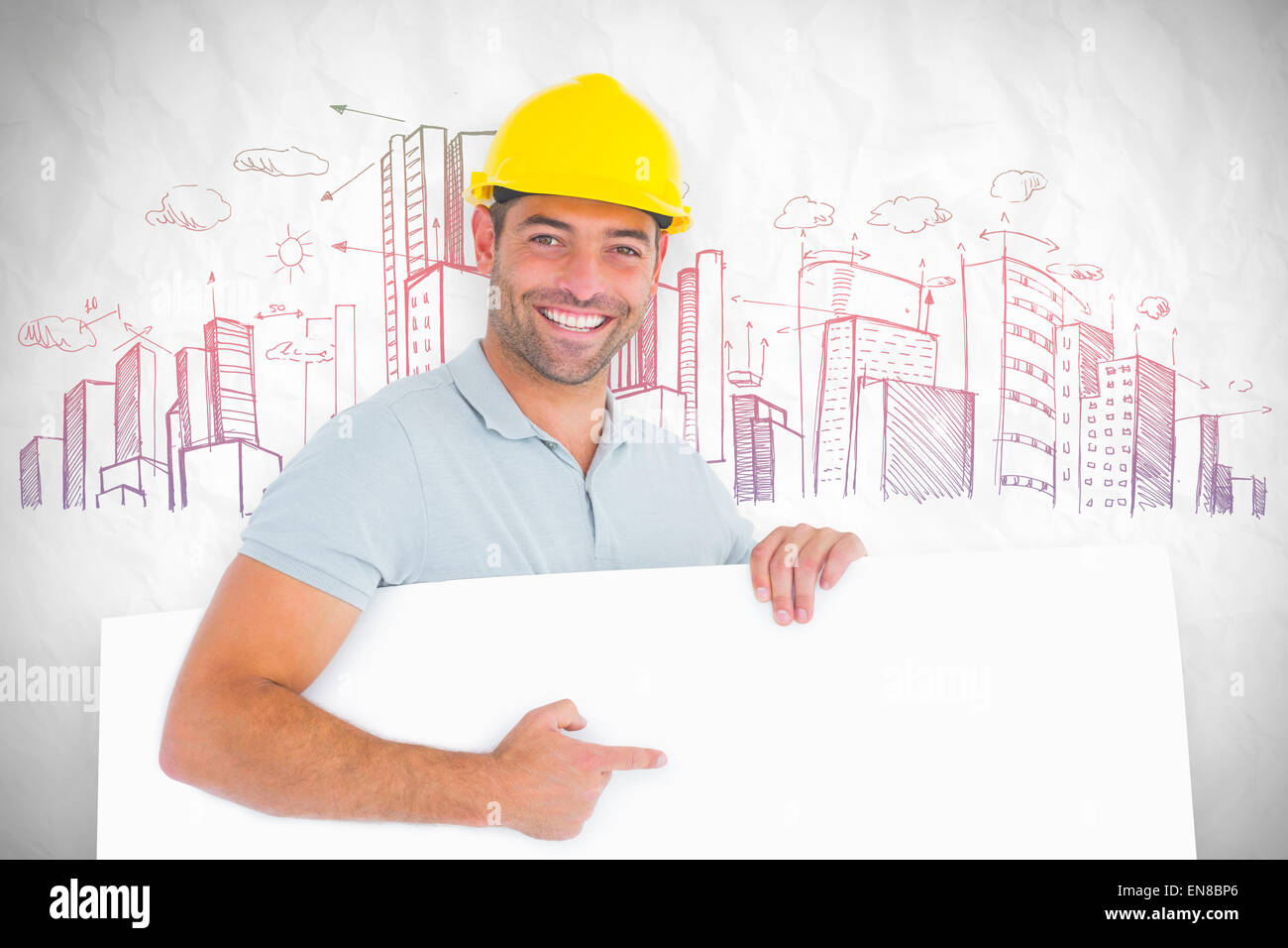 Composite image of foreman pointing at blank board on white background Stock Photo