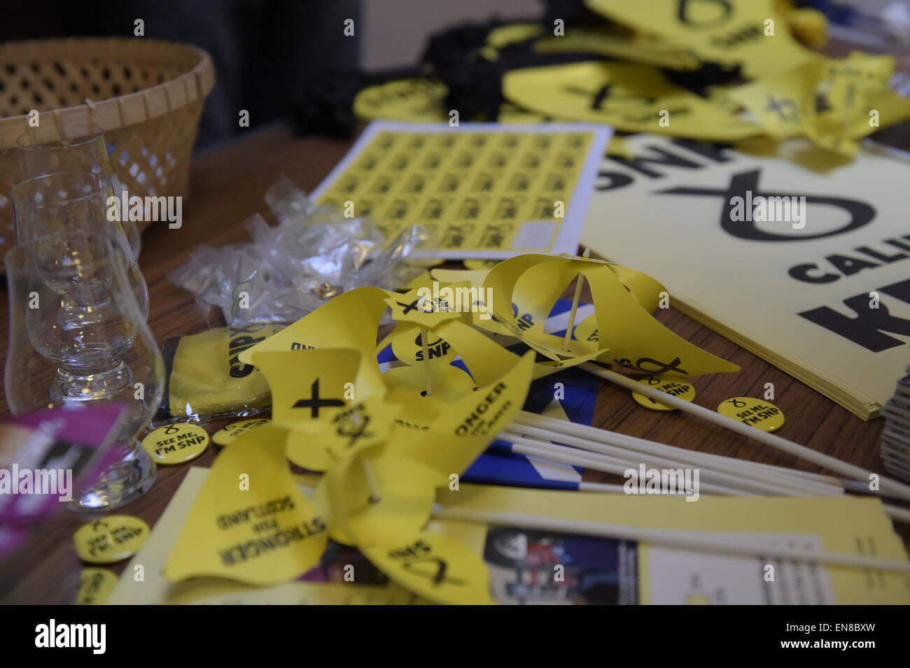 Hawick, UK. 29 April 2015. General Election 2015. SNP Candidate Calum Kerr visits Hawick in his constituency of Berwickshire, Roxburgh and Selkirk, in the final campaigninig push. Former First Minister Alec Salmond lending his support and signing copies of his book ' The Dream Shall Never Die'. Calum Kerr SNP Alec Salmond SNP Paul Wheelhouse SNP MSP. © Rob Gray/Alamy Live News Credit:  Rob Gray/Alamy Live News Stock Photo