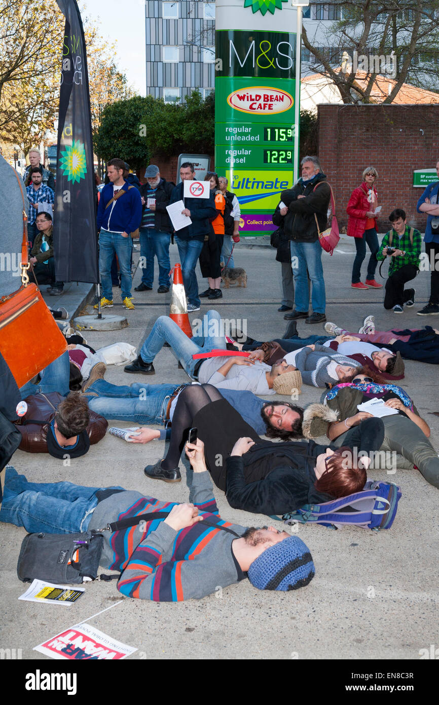 Protesters perform 'Die In' at BP / British Petroleum petrol filling ...