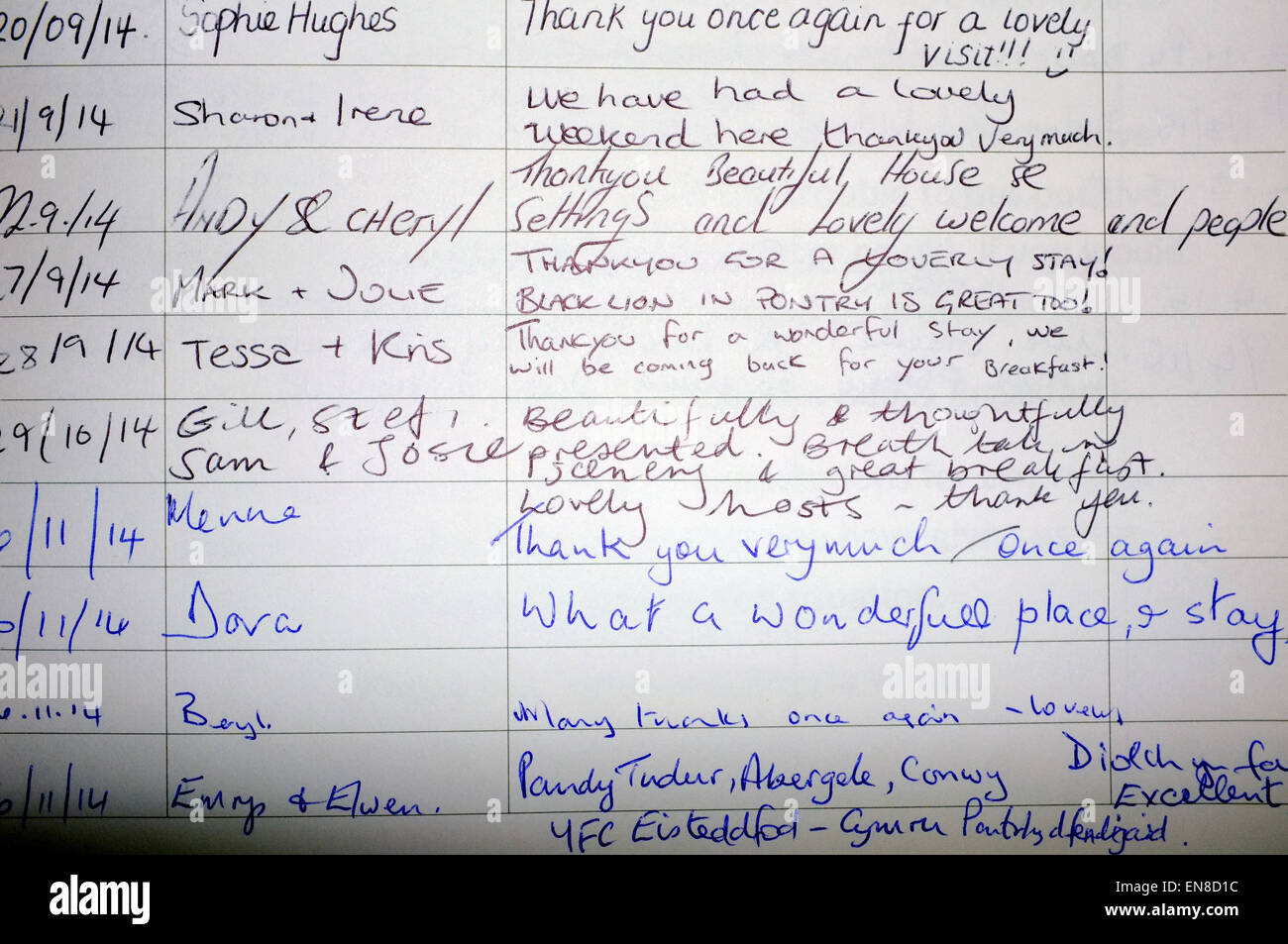 Dates, signatures and comments left in a visitor guest book for a Welsh Bed and Breakfast. Stock Photo