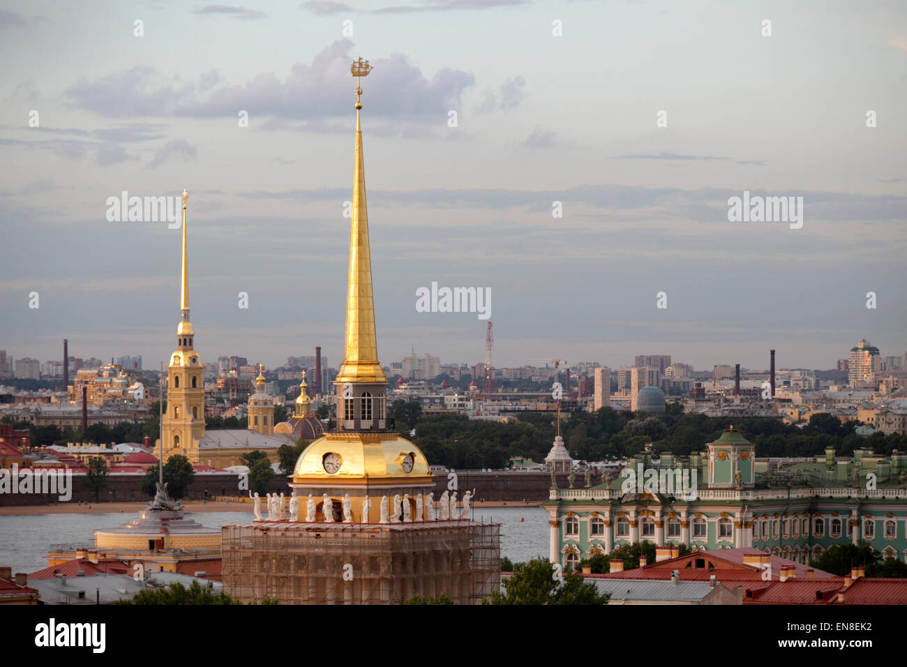 The Admiralty gilded spire, topped by a small sail warship, and Peter and Paul Cathedral, Saint Petersburg, Russia Stock Photo