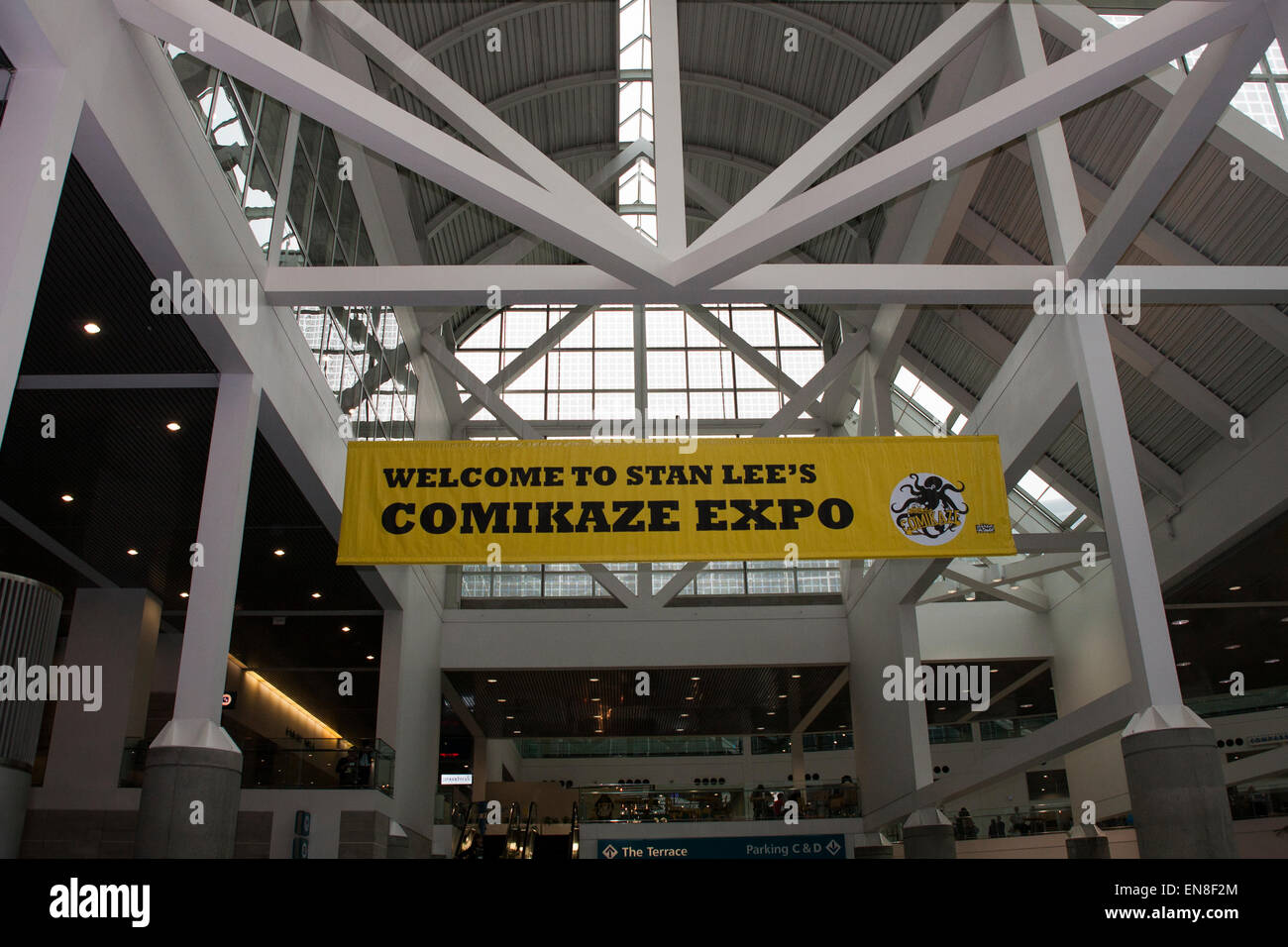 The sign in the hall welcomes patrons and guests to Stan Lee's Comikaze Expo at the Convention Center in downtown Los Angeles. Stock Photo