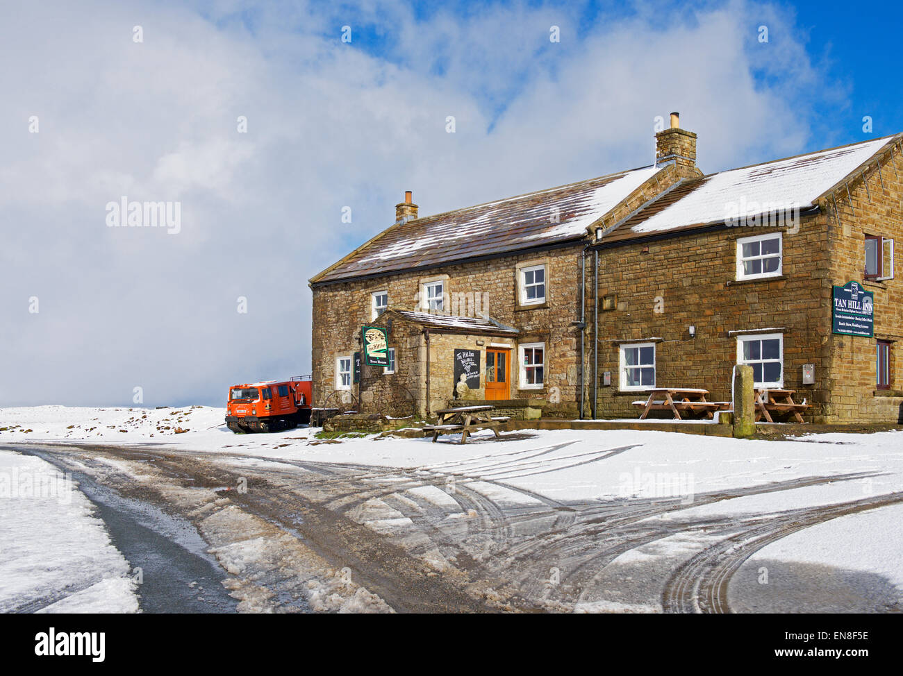 The Tan Hill Inn, the highest pub in England, after a snowfall, North