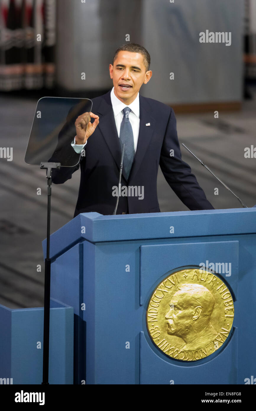 President Barack Obama delivers the Nobel Peace Prize acceptance speech at Oslo City Hall in Oslo. (Photo by Scott London) Stock Photo