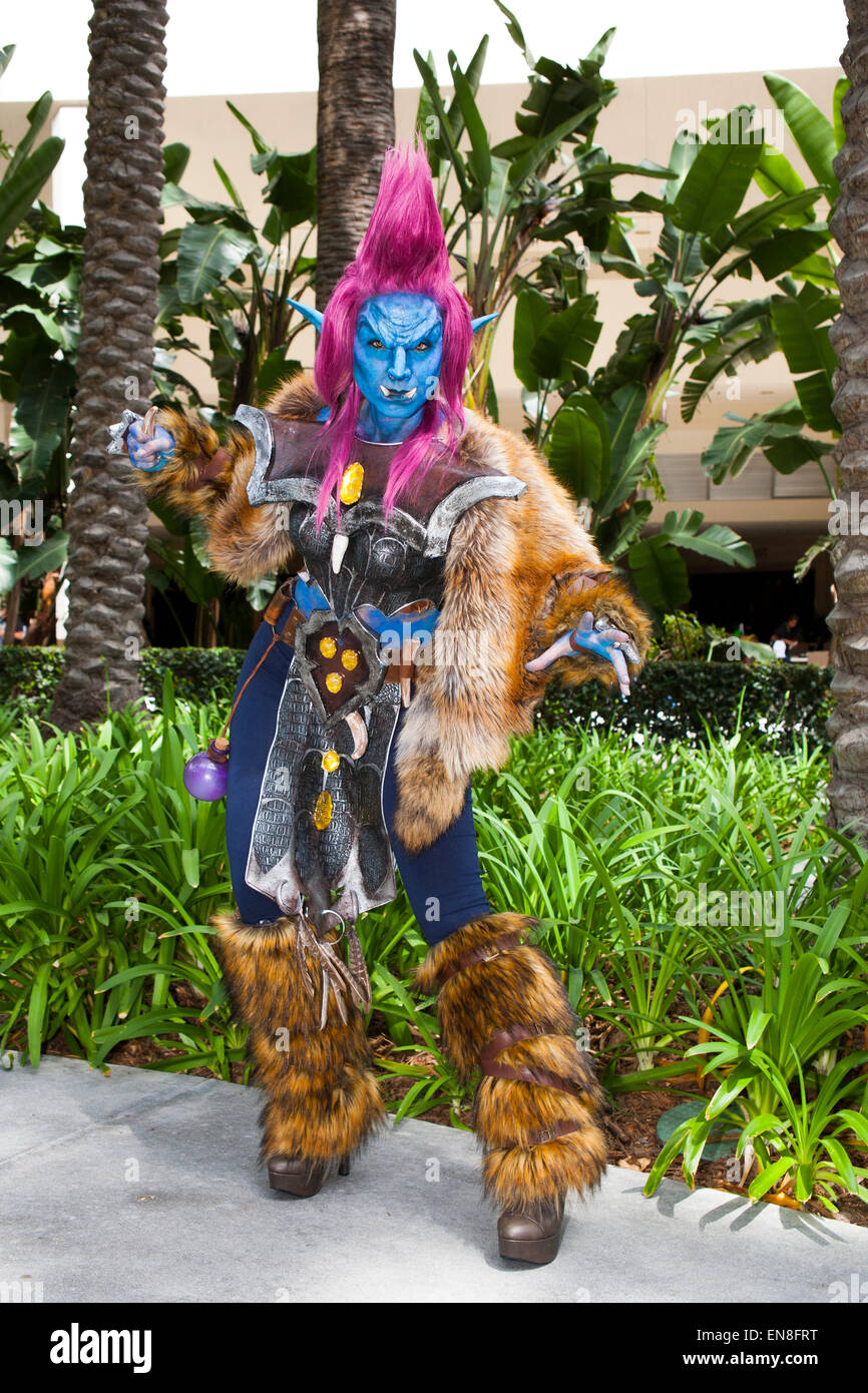 Cosplayer Jessica LG dressed as a troll from the video game World of Warcraft after the Cosplay 101 panel at WonderCon. Stock Photo