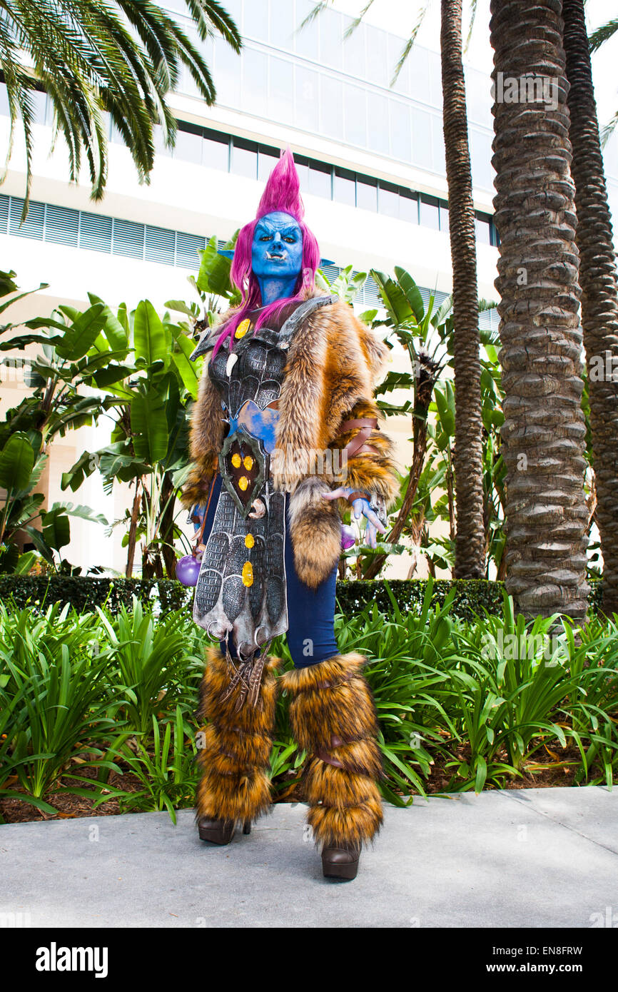 Cosplayer Jessica LG dressed as a troll from the video game World of Warcraft after the Cosplay 101 panel at WonderCon. Stock Photo