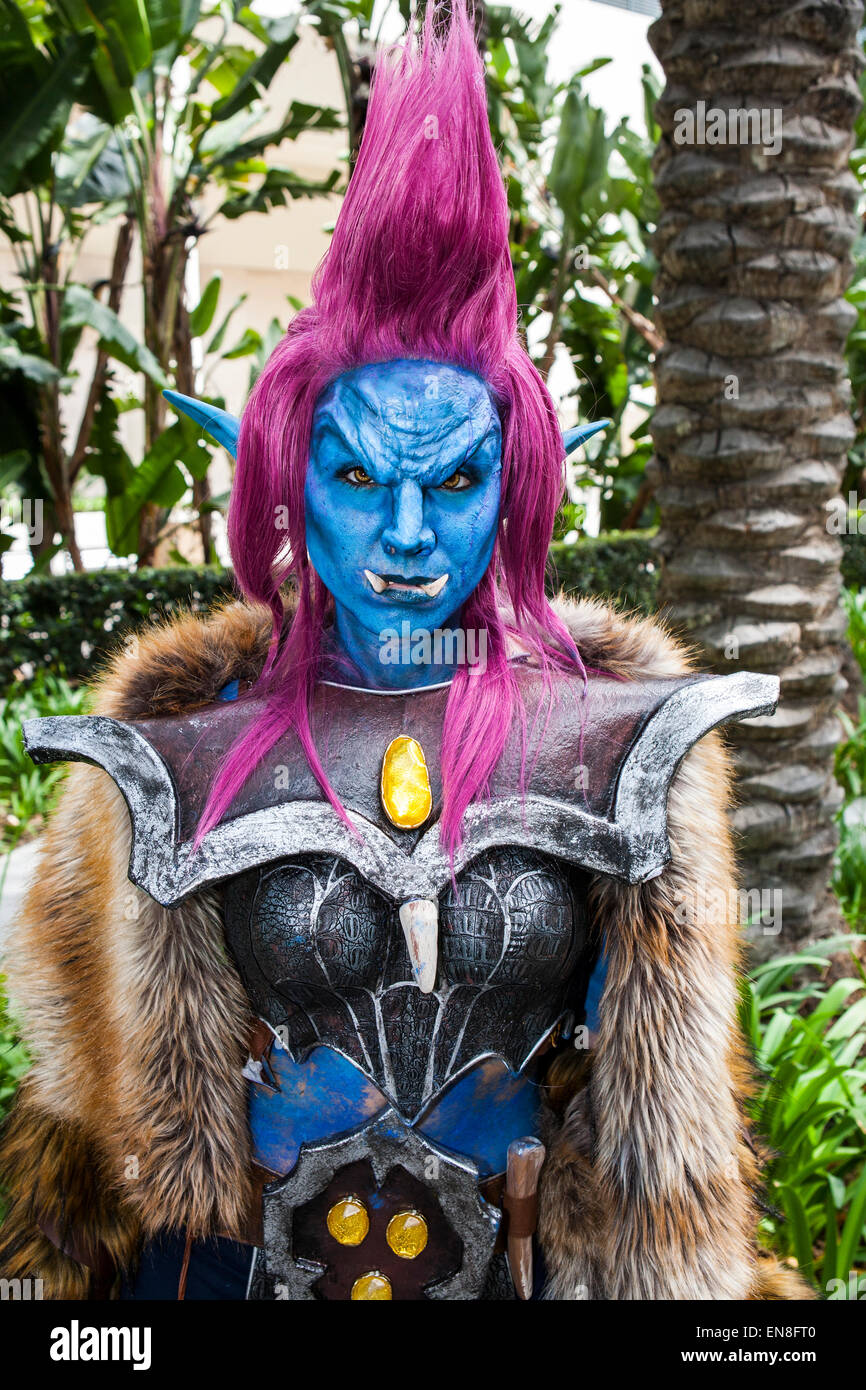 Cosplayer Jessica LG dressed as a troll from the video game World of Warcraft after the Cosplay 101 panel at WonderCon. Stock Photo