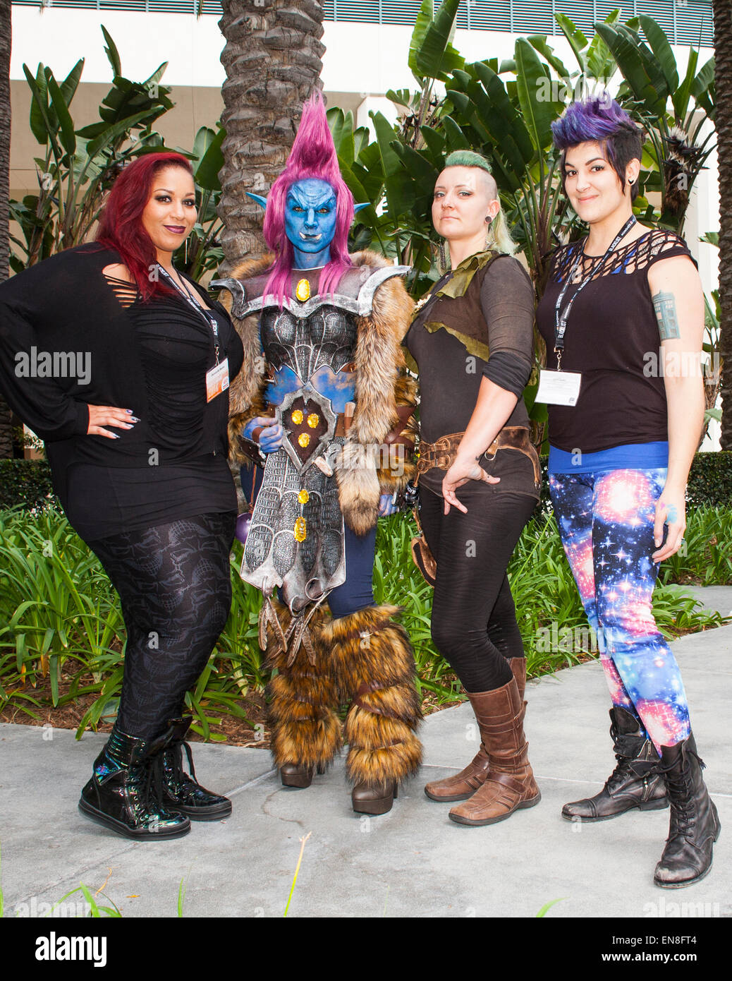 Cosplayer Jessica LG with her team, Aubriana Zurilgen, Dawn Banks and Chrissy Lynn Kyle who created her World of Warcraft troll. Stock Photo