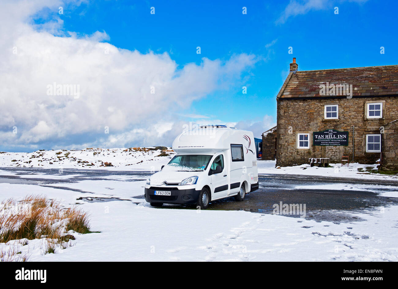 The Tan Hill Inn, the highest pub in England, after a snowfall, North Yorkshire, England UK