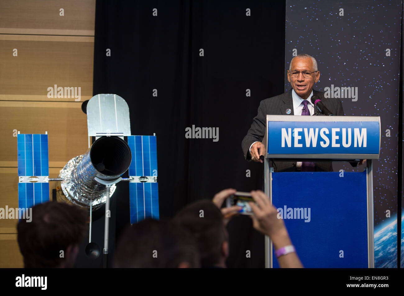NASA Administrator Charles Bolden speaks at the Hubble 25th Anniversary official image debut event on Thursday, April 23, 2015 at the Newseum in Washington, DC. The official image from Hubble's near-infrared Wide Field Camera 3 is of a two million year old cluster of about 3,000 stars called Westerlund 2, named after the astronomer who discovered it in the 1960s. Westerlund 2 is located in the constellation Carina about 20,000 light-years away from Earth. Stock Photo