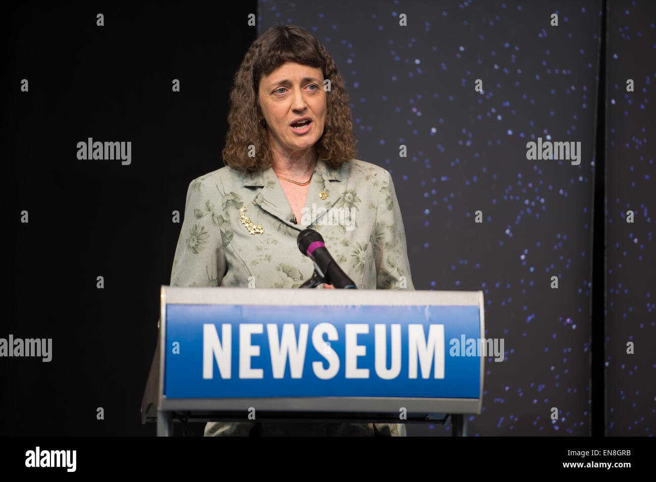 Dr. Jennifer J Wiseman, senior project scientist for the Hubble Space Telescope, NASA, speaks at the Hubble 25th Anniversary official image debut event on Thursday, April 23, 2015 at the Newseum in Washington, DC. The official image from Hubble's near-infrared Wide Field Camera 3 is of a two million year old cluster of about 3,000 stars called Westerlund 2, named after the astronomer who discovered it in the 1960s. Westerlund 2 is located in the constellation Carina about 20,000 light-years away from Earth. Stock Photo