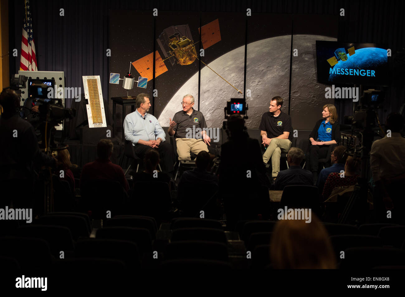 From left to right: James Green, director, Planetary Science Division, NASA Headquarters; Sean Solomon, MESSENGER principal investigator; director, Columbia University's Lamont-Doherty Earth Observatory; Daniel O’Shaughnessy, MESSENGER systems engineer, Johns Hopkins University Applied Physics Laboratory; and Helene Winters, MESSENGER project manager, Johns Hopkins University Applied Physics Laboratory speak at an event to celebrate the conclusion of the MErcury Surface, Space ENvironment, GEochemistry, and Ranging (MESSENGER) Mission Thursday, April 16, 2015 at NASA Headquarters in Washington Stock Photo